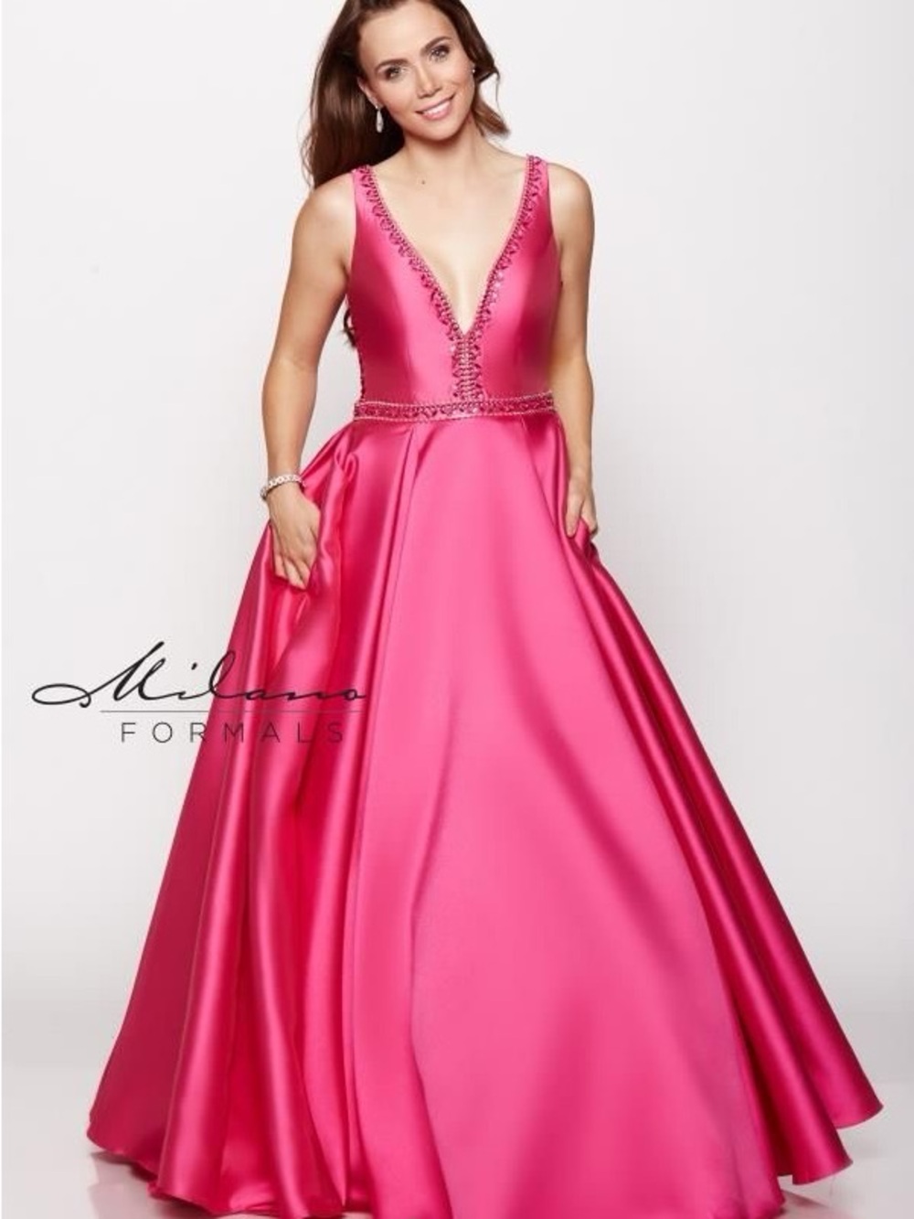 Milano Formals Hot Pink Satin A-Line Prom Dress Beaded Waist Lace-Up gown sz 8